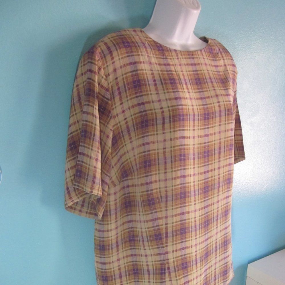 Charter Club Woman Size 22 Silk Blouse Tan Purple Windowpane Plaid Pullover Top